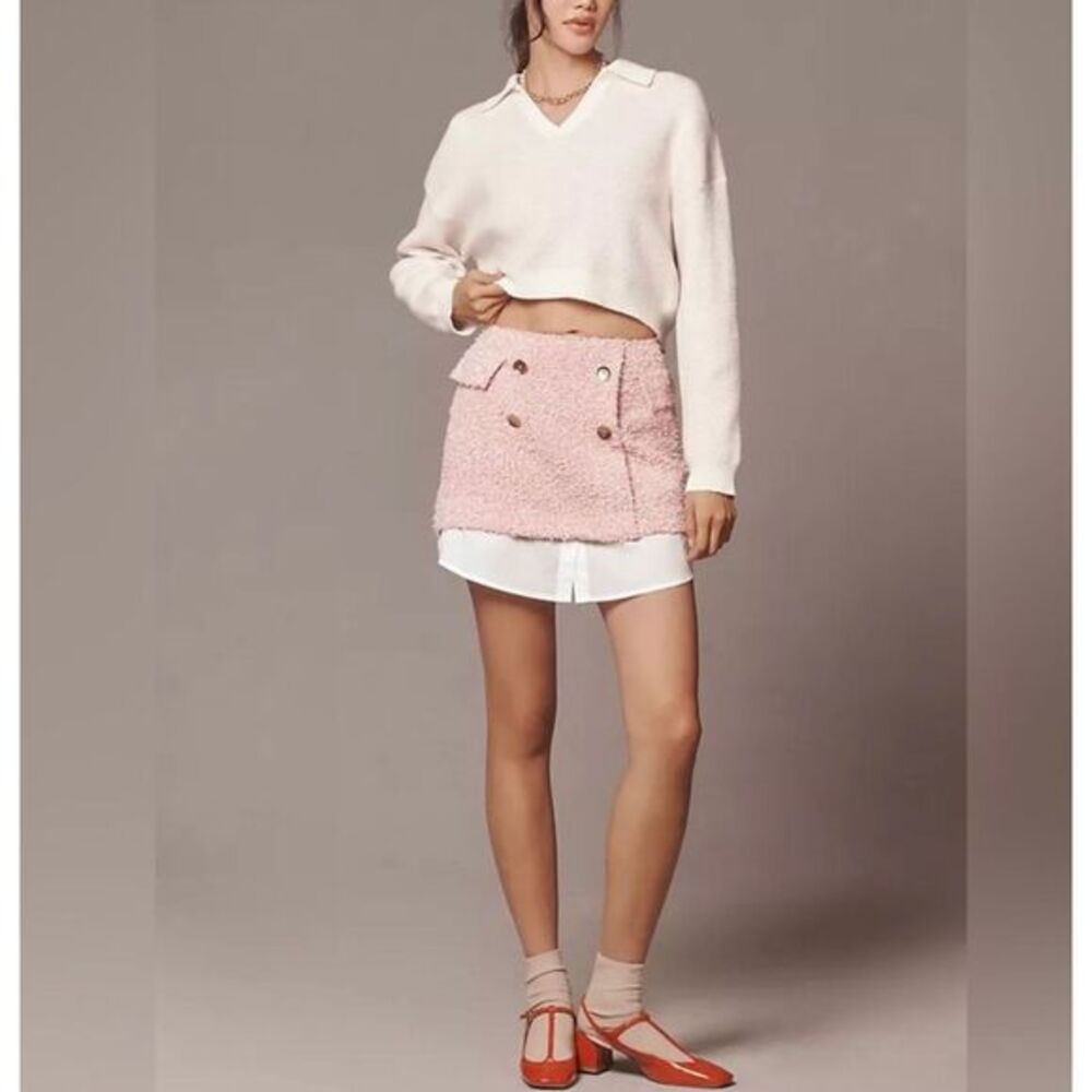 NWT Anthropologie Maeve Mini Skirt sz 0 Pink White Tweed Layered Preppy Buttons